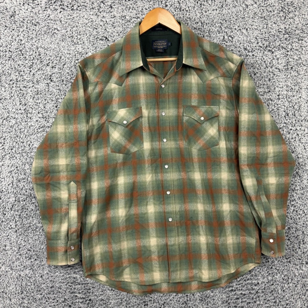 Pendleton Canyon Shirt Mens Large Green Plaid Wool Western Snap Lined High Grade